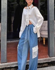 TuTTi Leo Denim Pants กางเกงขายาวทรง Oversized ทำจากผ้าเดนิม เอวรูด ปรับขนาดตามต้องการ ตกแต่งด้านข้า