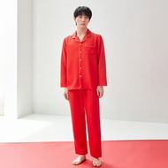 HLA | ชุดนอนคู่รักสีแดง HLA Home เสื้อผ้าใส่อยู่บ้านแขนยาวป้องกันแบคทีเรีย คอปกเล็ก ผ้าโพลีเอสเตอร์ 