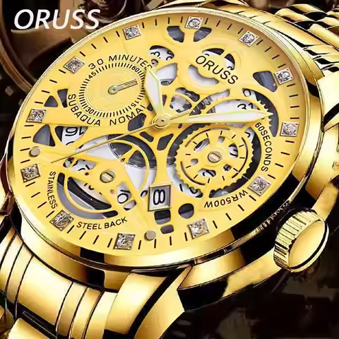 ORUSS Business Men's Quartz Watch Calendar Window Hollow Dial Waterproof Stainless Steel Strap High-