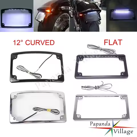 12° Curved / Flat 7-3/16" x 4-1/4" License Plate Frame LED Light Registration Frame for Harley Touri