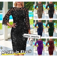 {Ship From Manila+COD}M-5XL Elegant Formal Dress for Woman Sequin Glitter Cocktail Party Plus Size Midi Evening Gown Ninang Dress for Wedding Glitz and Glamour Shimmering