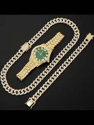 1 件男士大錶盤嘻哈不鏽鋼錶帶石英手錶商務腕錶 + 1 件手鍊項鍊套裝