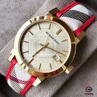 BURBERRY博柏利手錶 休閒商務皮帶錶 紅色經典格菱紋女錶 日曆錶 時尚百搭石英錶 34mm 女生腕錶 女士精品錶 BU9139