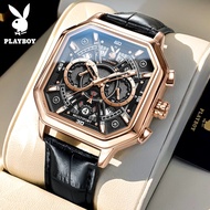 playboy watch for men นาฬิกา ผู้ชาย 100%ของแท้ กันน้ำ ปฏิทิน โครโนกราฟ สายหนัง หน้าปัดโครงกระดูก นาฬ