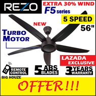 [UPGRADED MOTOR] Rezo 5 SPEED F5 Series Remote Control Ceiling Fan 56 inch 5 ABS Blades (Black)