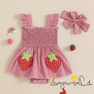 B930G-Baby Girl Plaid Romper Dress Strawberry Smocked Fly Sleeve Bodysuit with Headband 2 Pcs Summer