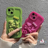 Cartoon 3D Doll Bear Bow Phone Case Compatible For iPhone 11 7 8 14 Plus XR 14 12 13 Pro Max X XS MAX Luxury Wavy Edge Simple Solid Candy Color Shockproof Back Cover