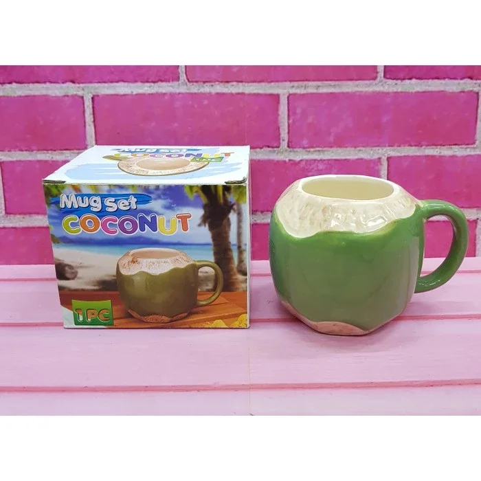 Mug Kelapa Gelas Kelapa Bahan Keramik Motif Kelapa Muda 3D Cantik Unik