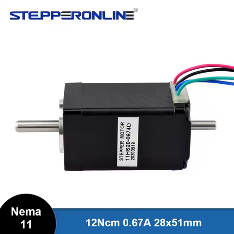 STEPPERONLINE Nema 11 Stepper Motor Dual Shaft Bipolar 1.8deg 12Ncm(17oz.in) 0.67A 28x28x51mm 4 Wire
