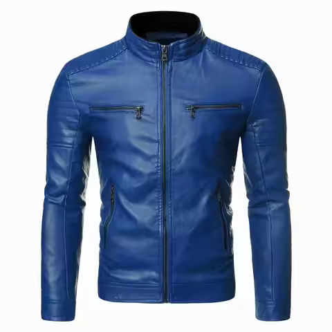 Spring and Autumn Thin Men's Stand-Up Collar Leather Jacket Motorcycle Jacket PU Leather Men's Vinta