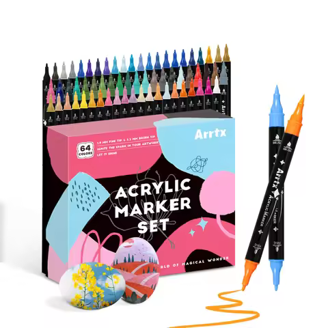 Arrtx 64 Colors Acrylic Paint Pens, Brush and Fine Dual Tip Acrylic Markers, Water Based Acrylic Mar