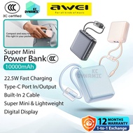 【3C Certified】Awei C1 10000mAh Powerbank 22.5W Fast Charging Power Bank Built-In Cable Mini Pawer Ba