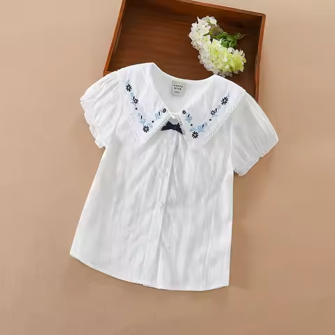 Girls Blouse Shirts Summer Short Sleeve Cotton Lovely Lace Causal White Tops Childrens High Quality 
