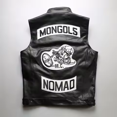 Mens Motorcycle MONGOLS Real Leather Vest Biker Waistcoat Black Cowhide Embroidery Patch Genuine Lea
