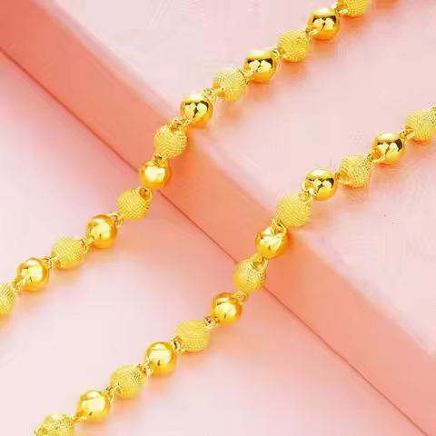Unisex 24K Gold (AU999) 6mm Matte Sandblasted Bead Necklace | Liquid metal beads, gold-inlaid clasp 