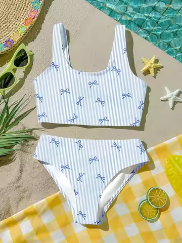 Kids Girls 2-Piece Bikini Swimsuit, Blue White Stripe Bow Print Square Neck Crop Top & High Waist Br