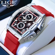 LIGE Square Multifunction Waterproof Luminous Silicone Strap Men Watch
