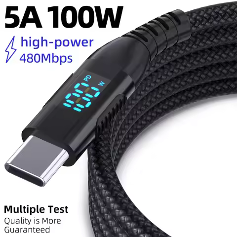 1PC 100W USB C to USB C Cable 10FT Nylon Braided Type C Cable PD Fast Charging Cable with LED Displa