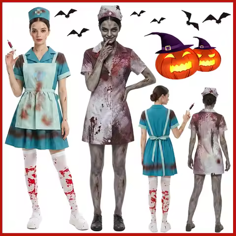 Horror Bloodstained Nurse Cosplay Costume Bloody Zombie Nurse Halloween Dress Apron Headband Sets Sc