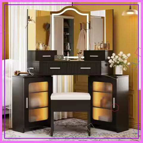 Corner Makeup Vanity with LED Mirror, Charging Station & Storage, Oak Finish for Bedroom