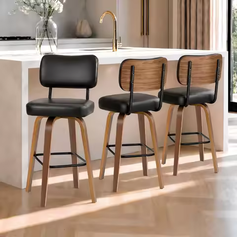 Counter Height Bar Stools Set Of 3, 26in Swivel Bar Stools With Back, Faux Leather Kitchen Island St