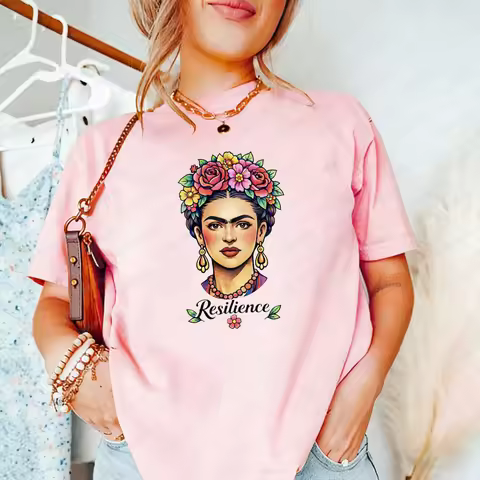 Vintage Frida Kahlo Floral Headpiece Graphic Tee “Resilience” Print T-Shirt Retro Casual Short Sleev