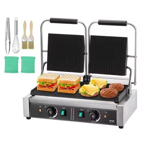 SucceBuy Commercial Panini Grill 3600W Electric Sandwich Panini Maker 19"x9" Full Grooved Enamel Pla