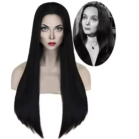 Addams Family Cosplay Wig Morticia Wendesday Wigs Black Long Straight Hair Heat Resistant Synthetic 