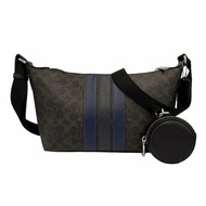 [全新] COACH C LOGO男中性款船型附零錢包子母斜背包(直紋黑)