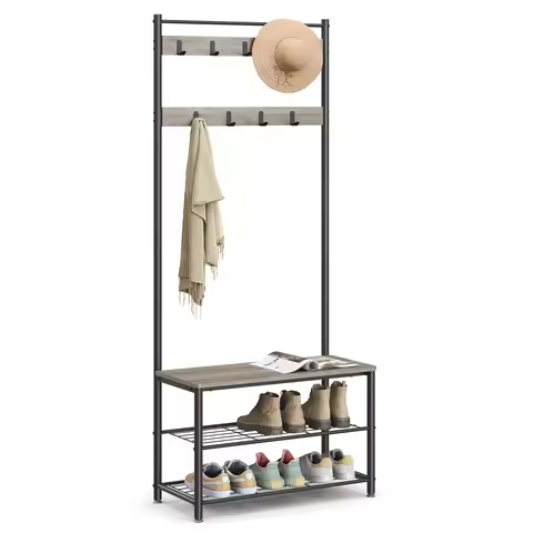 VASAGLE Coat Rack, Hall Tree with Shoe Storage Bench, Entryway Bench with Shoe Storage, 3-in-1, Stee
