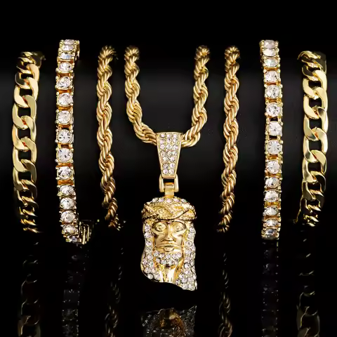 2 Jesus Head Pendant with Full Diamond Tennis Chain Classic Shiny Rhinestone Full Diamond Pendant Ne