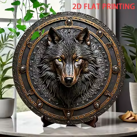 2D Flat, Wolf Head Emblem Metal Shield Wall Decor - 8 Inch Round Wrought Iron Wolf Head Sign, HD 2D 