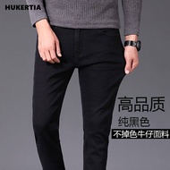 HUKERTIA กางเกงยีนส์ผู้ชาย,กางเกงขายาวลำลองแบบตรงสีดำหนา