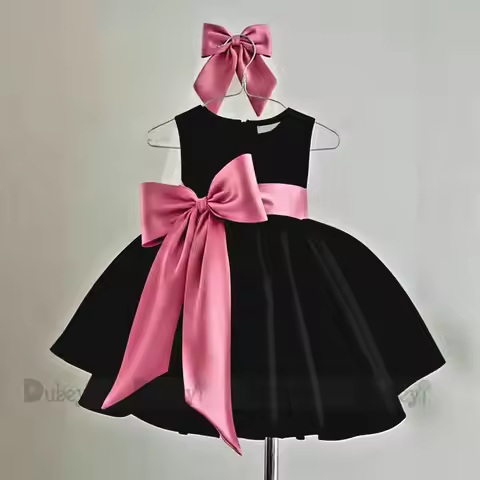 New Born Baby Girls Birthday Dress with Bows Children Tribute Silk Satin Formal Vestidos Black Pink 