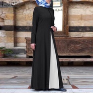 ZANZEA Women Long Sleeve Contrast Patchwork Casual Muslim Maxi Dress