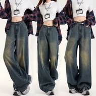 S-5XL 牛仔裤 长裤 JEANS PANTS Retro Blue Black Denim High-Waist Long Pants Loose Wide Leg Korean Style bi