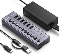 USB Hub with Power Supply, 10-Port USB 3.2 Gen 2 10Gbit/s Active Hub, Full Aluminium with 60W (12V 5