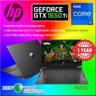#1371 *Used  HP Pavilion Gaming 15 Laptop 10th Gen i7 16GB RAM 512GB SSD NVIDIA GEFORCE GTX1650Ti 1 Yr