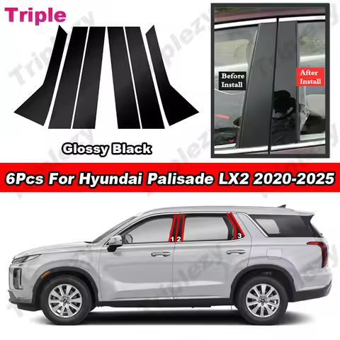 6Pcs Glossy Black/Carbon Fiber PC Material Car BC Pillar Posts Sticker Trim Window Door Decor For Hy