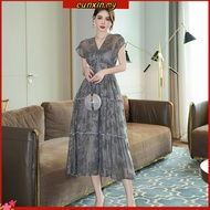 Ligáya 2024 summer new French retro V-neck cinched waist print long dress 21273