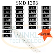 Resistor SMD 1206 0, 1,1.1ohm, 1.2ohm, 1.3ohm, 10ohm, 11ohm, 12ohm, 13ohm, 100ohm,100K, 110K, 120K, 130K 1Mohm 5% 30 pcs