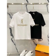Top YSL Saint Laurent Chest Simple Gold Line Letter logo Round Neck Short Sleeve Men Women Same Styl