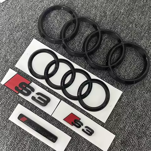 2PCS 4Ring logo ABS Black Car Hood Front Grill Emblem Rear Trunk Badge Sticker 2P S3 1P Audi Sport F
