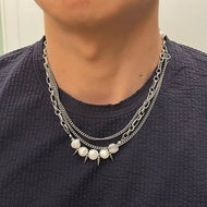 巴洛克大石珍珠尖錐鈦鋼項鍊 雙層疊戴 天然淡水珍珠 男潮