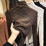 Áo Sơ Mi Ren Mỏng Cổ Cao Tay Dài Mùa Thu Cho Nữ Áo Lót Trong Suốt Thời Trang Ôm Vừa Vặn Áo Lót Ren C