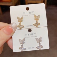 Korean Version Temperament Fashion Sweet All-Match Full Diamond Double Butterfly Earrings s925 Silve