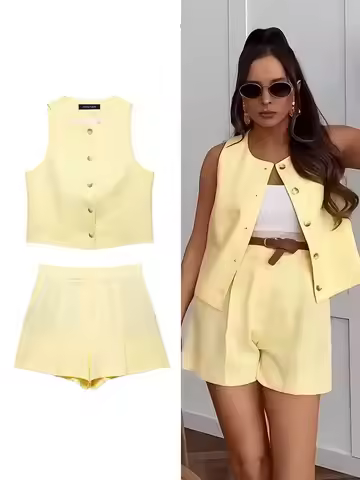 HH Fashion Yellow Suit For Women Summer Sleeveless Single Breasted O Neck Vest Top+High Waist Pleate