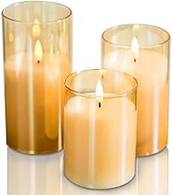 Real Wax Battery Operated Flameless Pillar Candles with Daily Cycle Timer Gold Glass Shell Realistic