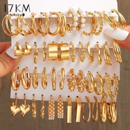 17KM Vintage Gold Silver Hoop Earrings Pearl Twist Heart Snake Geometry Drop Oil Butterfly Earings f