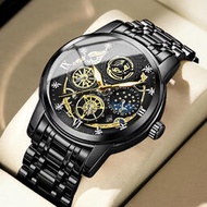 2022年新款日曆男士時尚手錶 鏤空飛輪水鑽防水日月星辰 石英手錶